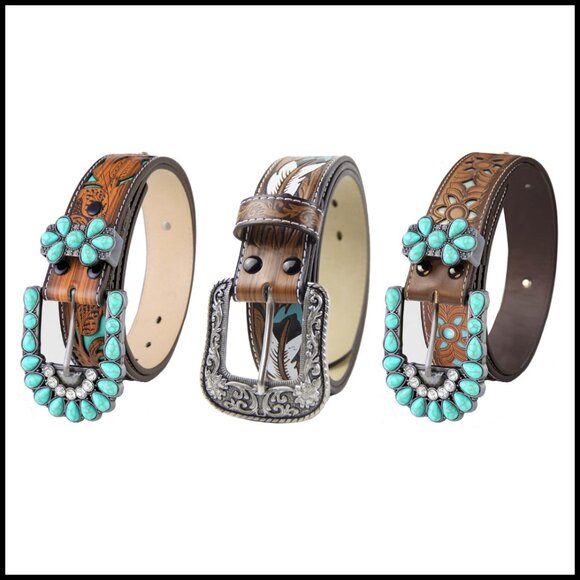 Western Belt with Feather Detail Antique Buckle Unisex Cowgirl Cowboy Rodeo main image 5